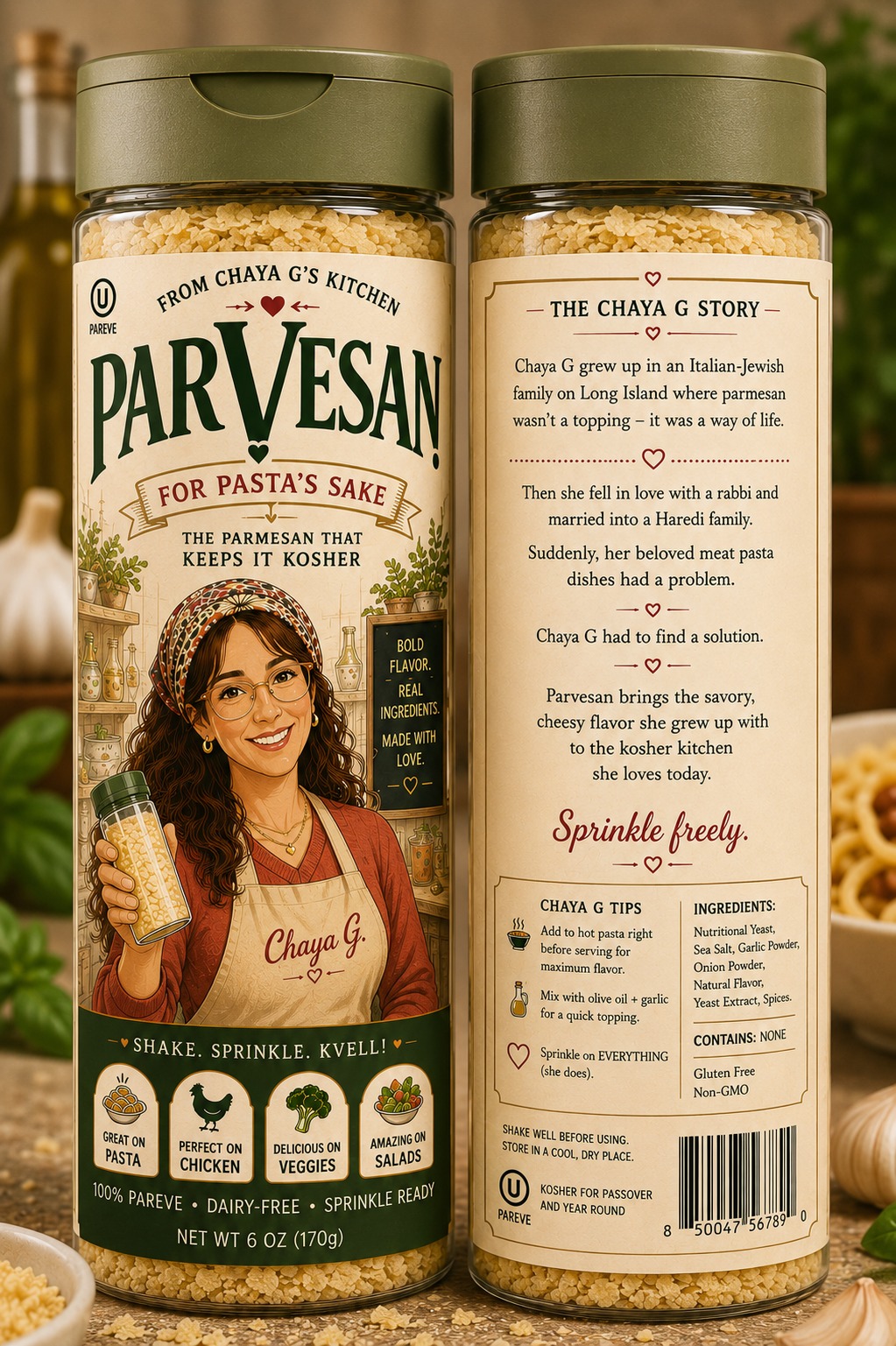 Front and back of ParVesan seasoning bottles from Chaya G's Kitchen